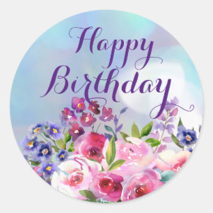 Happy Birthday Waterverf Flowers Round Stickers