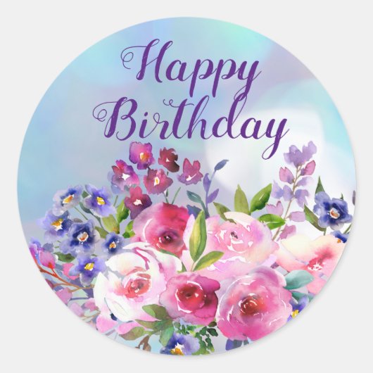 Happy Birthday Waterverf Flowers Round Stickers (Voorkant)