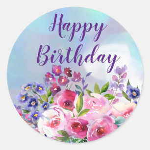 Happy Birthday Waterverf Flowers Round Stickers