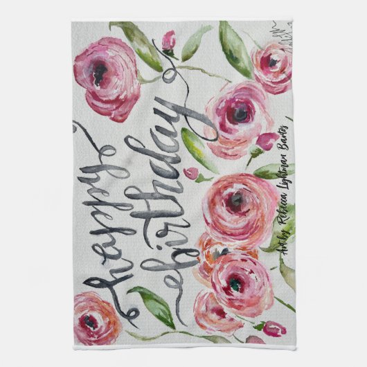 Happy Birthday Waterverf Flowers Theedoek (Verticaal)