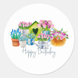 Happy Birthday Waterverf Garden Flowers - Tulips Ronde Sticker