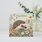 Happy Birthday Waterverf Hedgehog en Flowers Kaart (Staand voorkant)