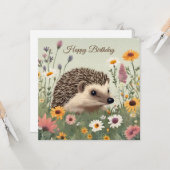 Happy Birthday Waterverf Hedgehog en Flowers Kaart (Voorkant / Achterkant in situ)