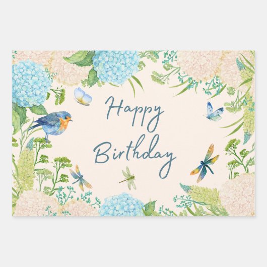 Happy Birthday Waterverf Hydrangea Flowers Inpakpapier Vel (Voorkant)