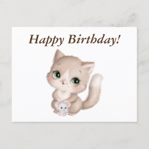 Happy Birthday Waterverf Kitten en Mouse Briefkaart