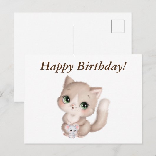 Happy Birthday Waterverf Kitten en Mouse Briefkaart (Voorkant / Achterkant)