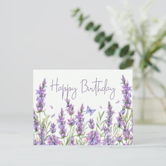 Happy Birthday Waterverf Lavender Flowers Briefkaart (Staand voorkant)