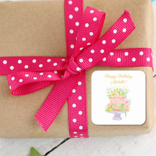 Happy Birthday Waterverf Lemon Floral Cake Vierkante Sticker