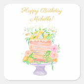 Happy Birthday Waterverf Lemon Floral Cake Vierkante Sticker (Voorkant)