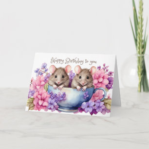 Happy Birthday Waterverf Muizen in een theekopje Kaart