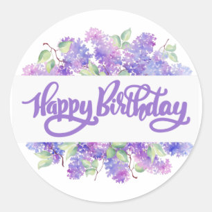Happy Birthday Waterverf Paarse Lila bloemen Ronde Sticker