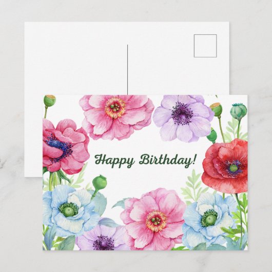 Happy Birthday Waterverf Poppy Flowers Briefkaart (Voorkant / Achterkant)