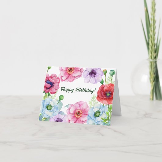 Happy Birthday Waterverf Poppy Flowers Kaart (Voorkant)