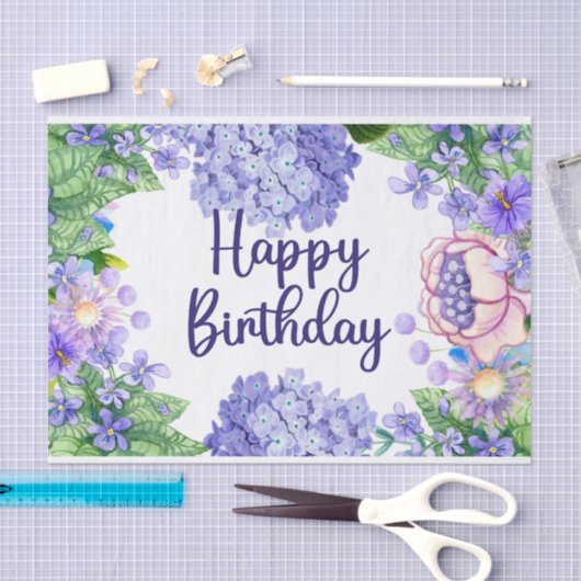 Happy Birthday Waterverf Purple Flowers Tissuepapier (Craft)