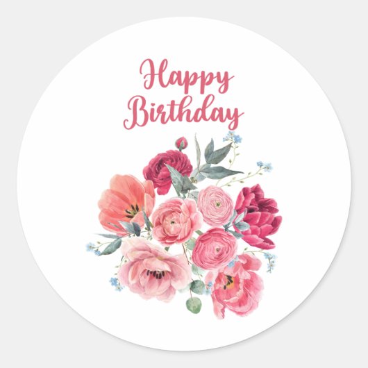 Happy Birthday Waterverf Rode & Roze bloemen Ronde Sticker (Voorkant)
