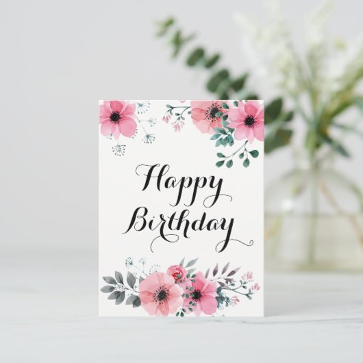 Happy Birthday Waterverf Roze Bloemen Briefkaart (Staand voorkant)