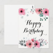 Happy Birthday Waterverf Roze Bloemen Briefkaart (Voorkant / Achterkant)
