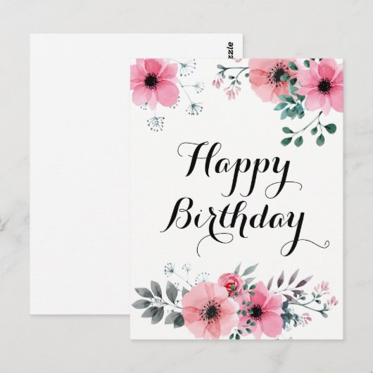 Happy Birthday Waterverf Roze Bloemen Briefkaart (Voorkant / Achterkant)