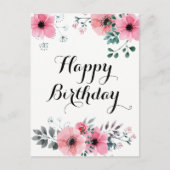 Happy Birthday Waterverf Roze Bloemen Briefkaart (Voorkant)
