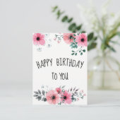Happy Birthday Waterverf  Roze Bloemen Briefkaart (Staand voorkant)