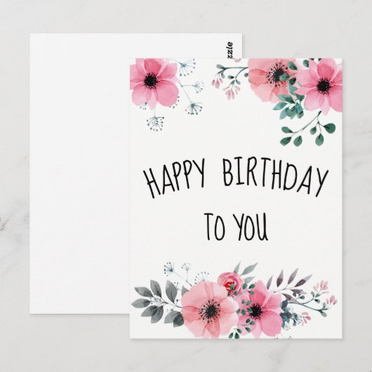 Happy Birthday Waterverf  Roze Bloemen Briefkaart (Voorkant / Achterkant)