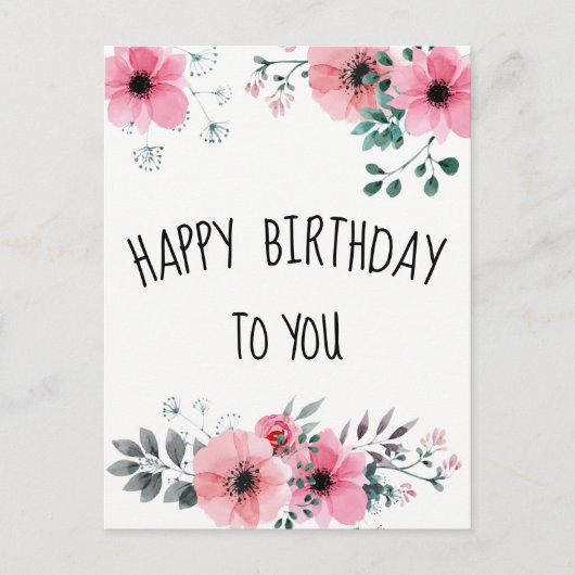 Happy Birthday Waterverf  Roze Bloemen Briefkaart (Voorkant)