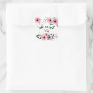 Happy Birthday Waterverf  Roze Bloemen Vierkante Sticker