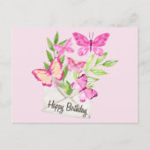 Happy Birthday Waterverf roze vlinders, bladeren Feestdagenkaart (Voorkant)