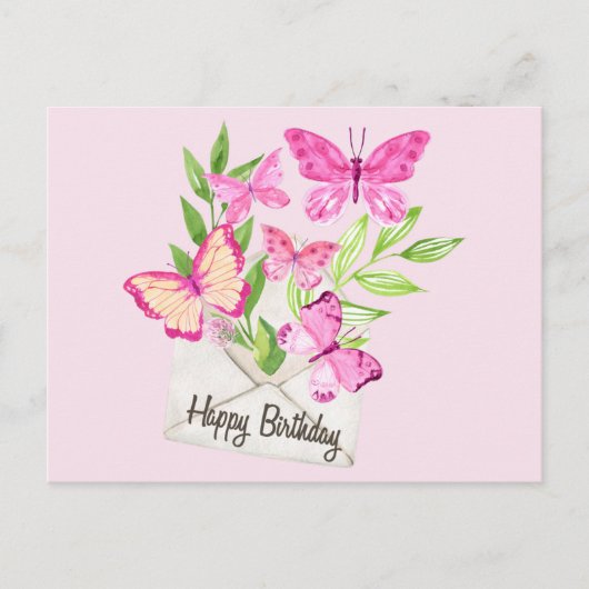Happy Birthday Waterverf roze vlinders, bladeren Feestdagenkaart (Voorkant)