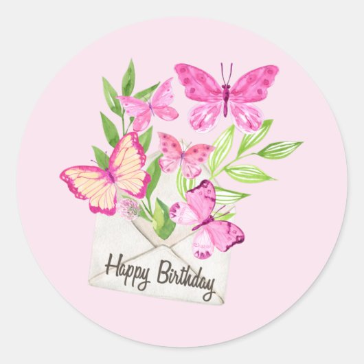 Happy Birthday Waterverf roze vlinders, bladeren Ronde Sticker (Voorkant)