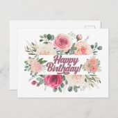 Happy Birthday Waterverf  Rozen Floral Briefkaart (Voorkant / Achterkant)