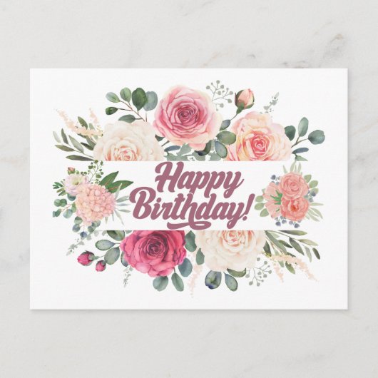 Happy Birthday Waterverf  Rozen Floral Briefkaart (Voorkant)