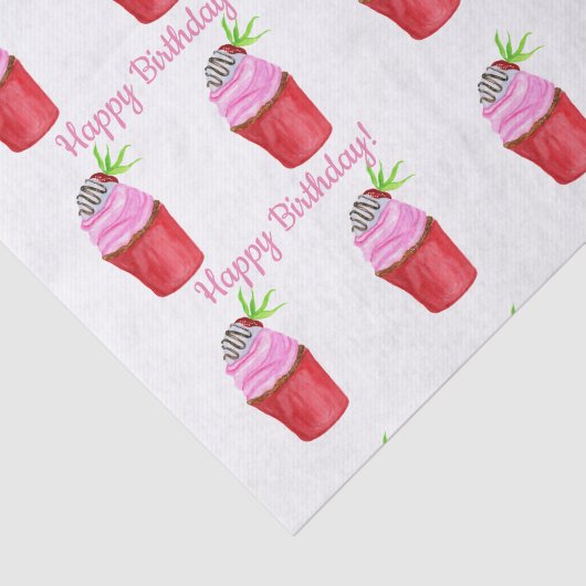 Happy Birthday Waterverf Strawberry Cupcake Tissuepapier (Detail)