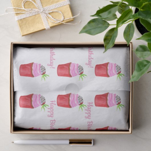 Happy Birthday Waterverf Strawberry Cupcake Tissuepapier (Geschenk)