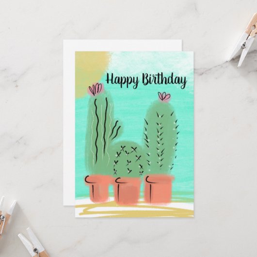 Happy Birthday Waterverf Sunny Day Cactus Pot Kaart (Voorkant / Achterkant in situ)