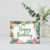Happy Birthday Waterverf Tropical Leaves, Flowers Briefkaart (Staand voorkant)