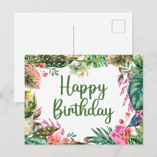 Happy Birthday Waterverf Tropical Leaves, Flowers Briefkaart (Voorkant / Achterkant)