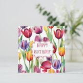 Happy Birthday Waterverf Tulpenbloemen Kaart (Staand voorkant)