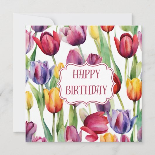 Happy Birthday Waterverf Tulpenbloemen Kaart (Voorkant)