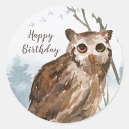 Happy Birthday Waterverf Uil Ronde Sticker