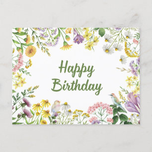 Happy Birthday Waterverf Wildbloemen en Vogels Briefkaart