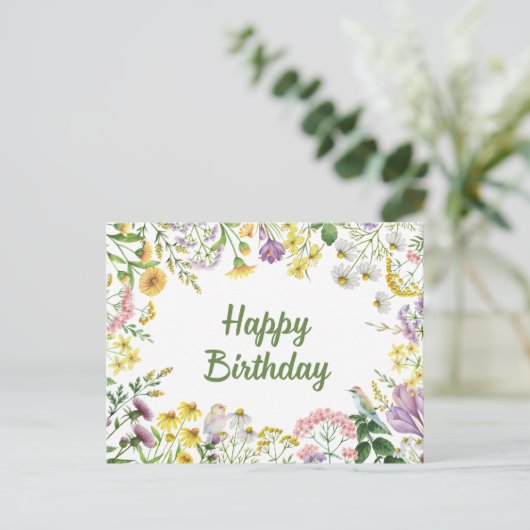 Happy Birthday Waterverf Wildbloemen en Vogels Briefkaart (Staand voorkant)