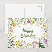 Happy Birthday Waterverf Wildbloemen en Vogels Briefkaart (Voorkant / Achterkant)