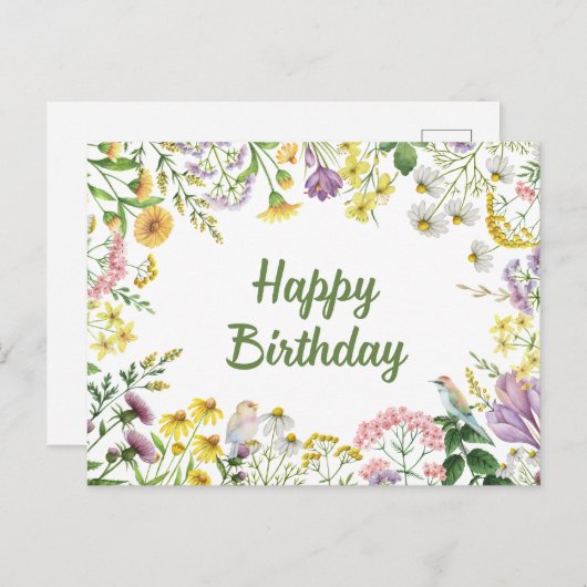 Happy Birthday Waterverf Wildbloemen en Vogels Briefkaart (Voorkant / Achterkant)