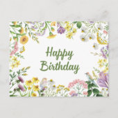 Happy Birthday Waterverf Wildbloemen en Vogels Briefkaart (Voorkant)