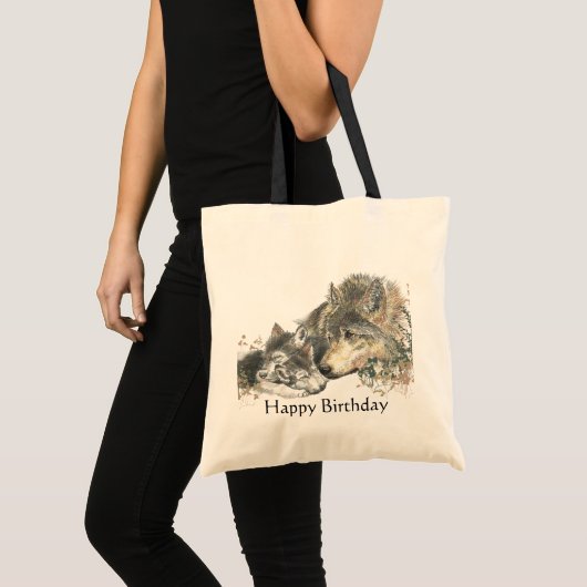 Happy Birthday Waterverf Wolf & Cube Animal Art Tote Bag (Voorkant (product))