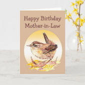 Happy Birthday Waterverf Wren Bird Kaart (Gele Bloem)