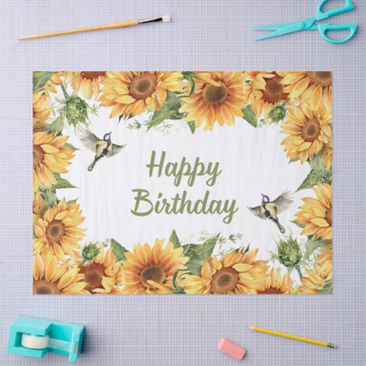 Happy Birthday Waterverf Zonnebloemen & Vogels Tissuepapier (Craft)