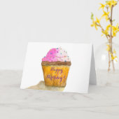 Happy Birthday Waterverven Roze Cupcake, Sprinkles Kaart (Gele Bloem)