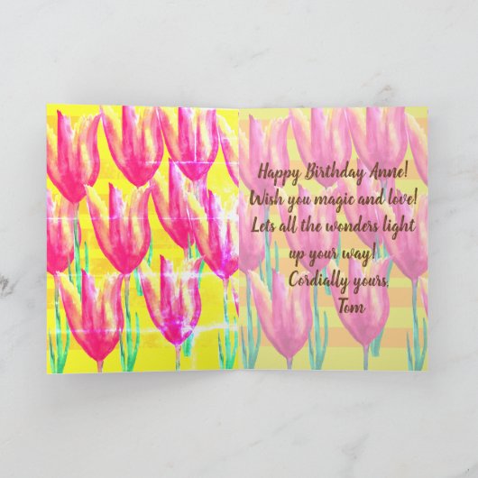 Happy Birthday Wenskaart, Tulpen en Lijnen Kaart (Binnen)